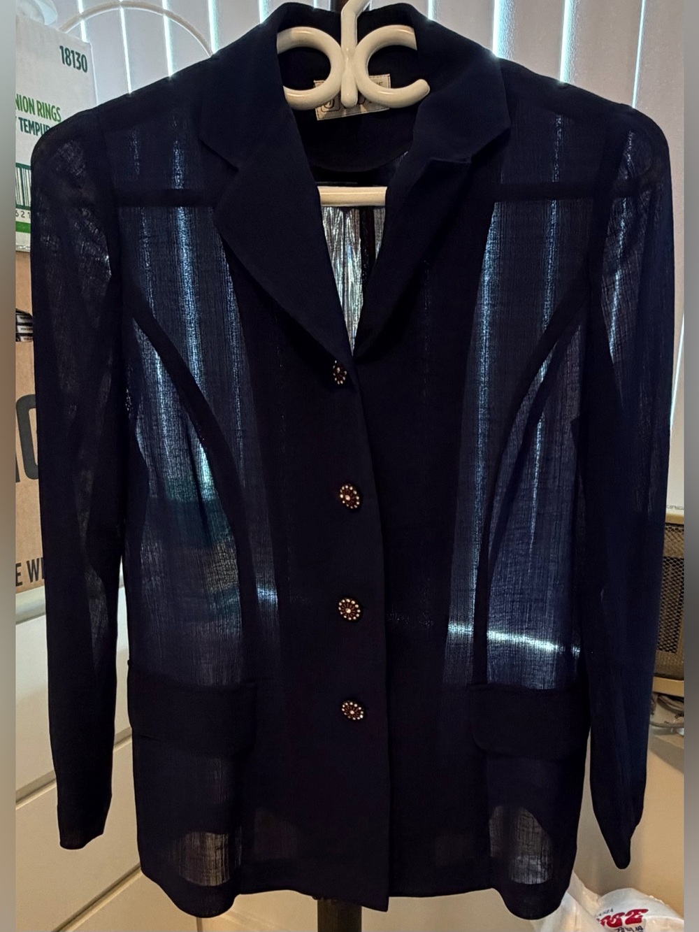Vintage Boutique Jun Navy Semi-Sheer Longline Blazer Jacket